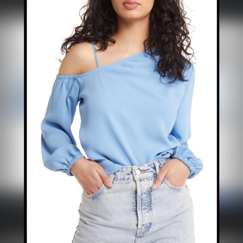 OPEN EDIT Women's NEW Pleated Asymmetric Top in Blue Lake | Size S - Picture 1 of 10
